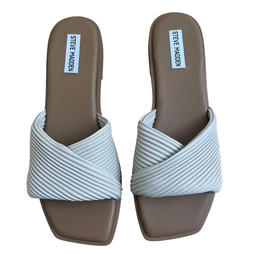 Steve Madden Flat Slide Sandals Cream Textured Strap‎ Square Toe Women Size 9